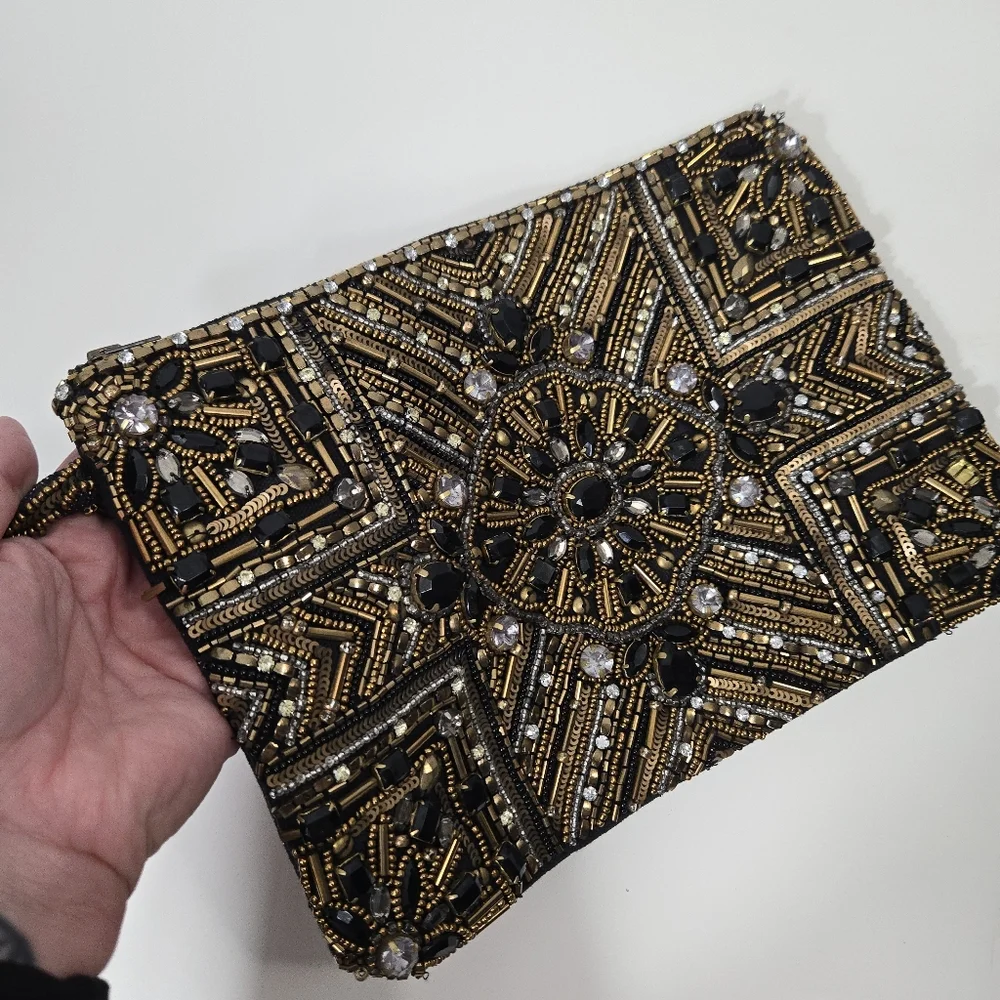 Chico's Black and Gold Beaded Wristlet Clutch